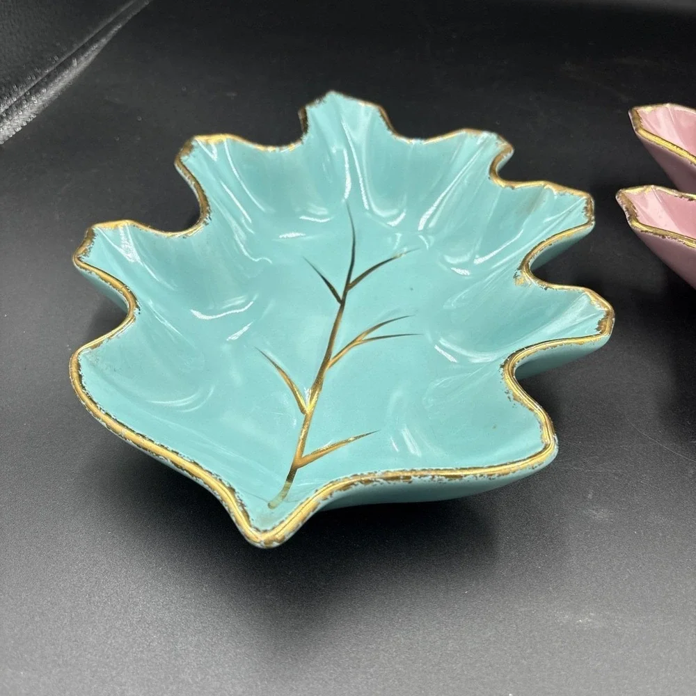 CA Pottery Leaf Dish Set 2  Pink &Turquoise Blue Gold Trim USA VTG  #632 MCM 10